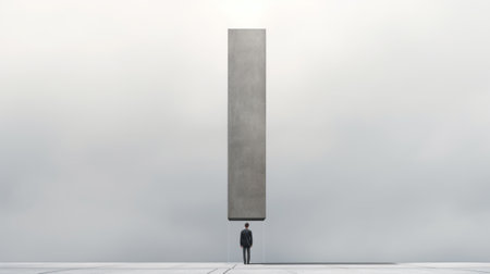 a businessman stands on a flat surface, gazing intently at a blue sign in front of him. the photo is captured in the style of minimalist sculptor, with a panel composition mastery that highlights the concrete art. the black and white art adds a touch of elegance to the gigantic scale of the image, which exudes an imposing monumentality. the passage depicted in the photoの素材