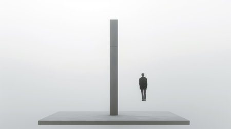 a man is captured in mid-air, falling from a towering pole in this striking photograph. the image is rendered in a minimalist monochromatic style, with shades of gray and black dominating the composition. the glow-in-the-dark effect adds an otherworldly quality to the scene, reminiscent of the work of artists such as gabriel isak and liu ye. the image also evokes the conceptual minimalist sculptures ofの素材