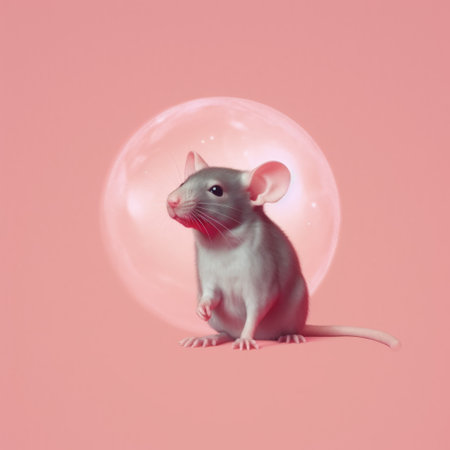 brown rat in a pink bubble on a pink background, captured in the style of photorealistic surrealism. this editorial illustration by christopher balaskas features a detailed character design of a light gray and red rat, presented in a matte photo finish. the image is both realistic yet stylized, showcasing the artist's skill in creating a unique and captivating piece. keywords: brown rat, pink bubble, photorealisticの素材