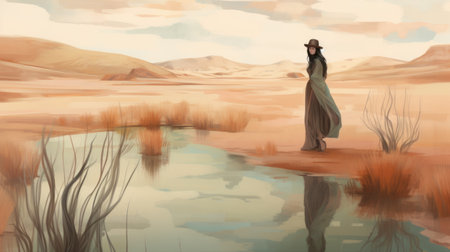 the woman in the white shirt sits serenely near a waterbed in the desert, surrounded by warm beige and amber tones that give the image an ethereal quality. this digital painting features stunning reflections and character studies, with a fictional landscape that transports the viewer to another world. the monochromatic palette adds to the dreamlike atmosphere of the piece, making it a captivating work ofの素材