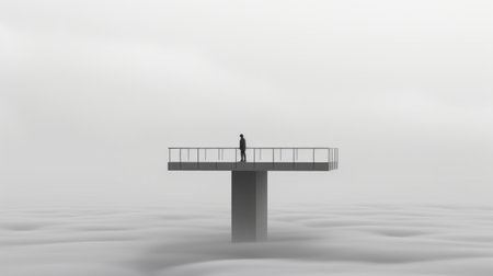 a man stands at the edge of a floating platform in this black and white photo. the image is reminiscent of a conceptual minimalist sculpture, with reduced-scale architecture and a misty atmosphere. the superflat style adds to the minimalist color field, creating a striking visual. the man's presence on the platform creates a sense of human connection within the otherwise stark and abstract image. thisの素材