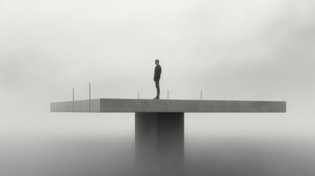 the photo depicts a man in a white shirt standing on a concrete pedestal, in the style of conceptual digital art. the image is inspired by die brucke movement and features light black and gray tones with a flattened perspective. the misty background creates a minimalistic feel, while the clear edge definition of the man and the pedestal adds a touch of sharpness to theの素材