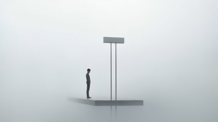 a person stands on a platform amidst a misty sky in this minimalist design. the urban signage style features light white and gray tones, with surrealistic installations adding to the sense of quiet contemplation. the precisionism influence is evident in the clean lines and geometric shapes, while volumetric lighting adds depth and dimension to the scene. keywords: platform, misty sky, anti-clutter, minimalist designs, urban signage,の素材