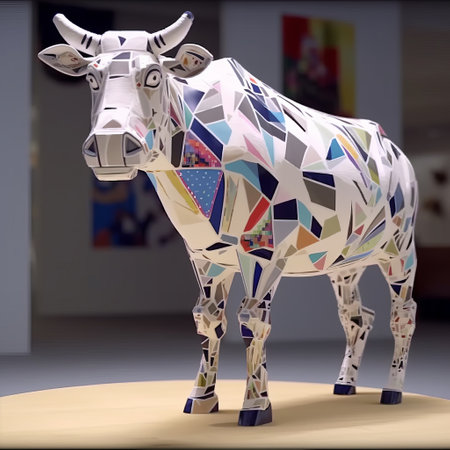 the bull sculpture is a stunning work of art with a vibrant display of colors and intricate designs. against a striking blue background, the sculpture is reminiscent of video collages and three-dimensional puzzles. the artist's inspiration from maya lin and environmental awareness is evident in the sculpture's unique style. the animated gifs and robert delaunay's influence add to the sculpture's dynamic and captivating appeal. thisの素材