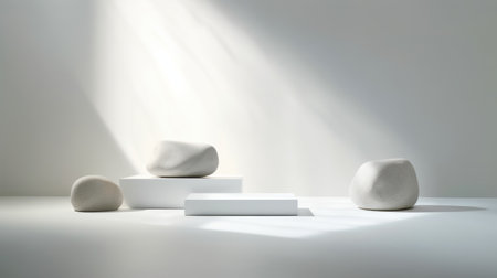 reclaimed limestone sculptures by alexander jones in berlin, germany, are captured in this photo with a minimalist still life style. the sculptures are bathed in a soft, tonal color palette, with a white background that highlights their rounded forms. the use of shady light adds depth and texture to the graphic rock-inspired compositions. the photo was taken using vray, a popular rendering software, and isの素材