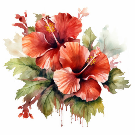 this stock vector features a stunning hibiscus watercolour illustration in the traditional composition style. the majestic romanticism of the piece is highlighted by the use of light red and red hues, which are painted with a realistic touch. the colorful arrangements and lively tableaus make this illustration a true standout. it's no wonder that this award-winning piece is a popular choice for those looking toの素材