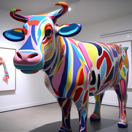 the cow statue, showcased in the museum, is a stunning example of intense chromaticism. this life-sized installation features hard edge painting and bold outlines that make it stand out. the statue is captured in 32k uhd, which gives it a hyper-realistic appearance. the bold patterns on the cow's body add to its overall visual appeal. ai generatedの素材
