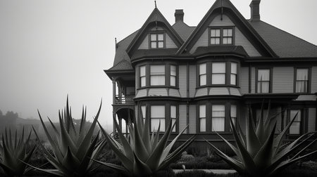 victoria house at san francisco bay is a stunning architectural masterpiece that exudes a dark and spooky vibe. the highly detailed foliage surrounding the house adds to its eerie charm. captured using the zeiss milvus 25mm f14 ze lens, the misty atmosphere surrounding the house is perfectly captured. the gray and black color scheme of the house gives it a sharp and prickly appearance. theの素材