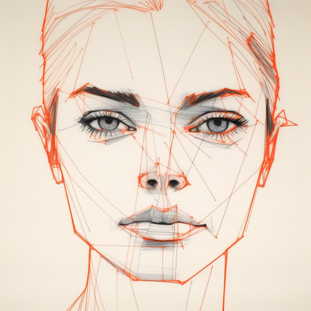the female face drawing is a stunning piece of art that showcases the beauty of layered lines. the orange color adds a pop of vibrancy to the realistic hyper-detailed portrait, making it a perfect addition to any conceptual installation art. the pristine geometry of the drawing is truly remarkable, and the sharp focus on the facial features brings the fashion illustration to life. this pieceの素材