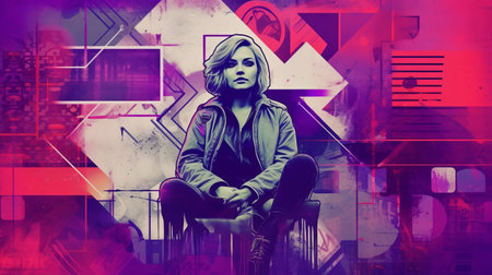 the woman in this photo is sitting on a chair surrounded by vibrant purple and colorful art that resembles graphic graffiti. the style is reminiscent of marvel comics and creates a cinematic mood. the artwork is inspired by geometry and features leatherhide textures. the monochrome toning adds depth and contrast to the celebrity portrait. overall, this image is a stunning example of modern art thatの素材