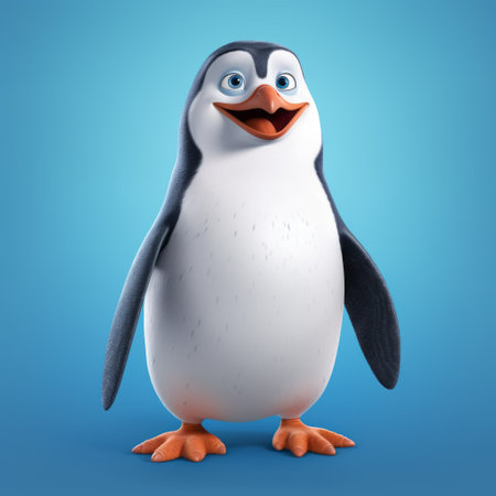 the little penguin in this image is captured in stunning detail, with a realistic and hyper-detailed rendering that showcases its lively facial expressions. the penguin is lying on a vibrant blue background, adding a pop of color to the image. rendered in maya, this uhd image features back button focus that draws the viewer's attention to the character's charming features. the light gray tones ofの素材