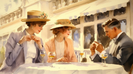 two elegant women are enjoying a glass of wine at an outdoor restaurant. the dreamy watercolor scene captures the edwardian beauty of the moment, with light white and light amber hues adding to the ambiance. the precisionist art style is evident in the handsome, precise lines of the chic illustrations. ai generatedの素材