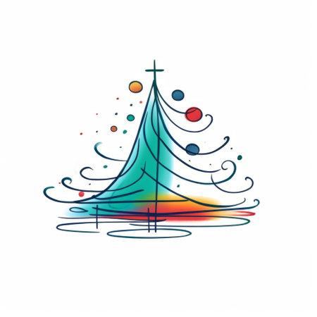 christmas tree: a vibrant and colorful abstract christmas tree, drawn in bold lines, stands out against a clean white background. the tree features a unique style, with dark cyan and light amber hues creating a tattoo-inspired look. the flowing lines of the tree's branches are reminiscent of water drops, while the overall design has a religious building feel. this colorful caricature is a perfect additionの素材