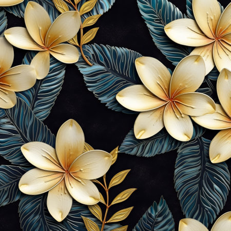 this stunning photo features a black background adorned with beautiful tropical flowers in the style of embossed gold leaf. the flowers are a combination of dark beige and light azure, creating a striking contrast against the dark background. the photo was captured using kerem beyit and ferrania p30, resulting in a luminous 3d effect. the use of recycled materials in the creation of the muralの素材