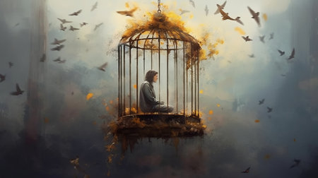 the man in the cage is surrounded by birds in this stunning uhd image inspired by cyril rolando's spiritual meditations. the dark gray and yellow color scheme adds a touch of childe hassam's impressionism, while abigail larson's emotional sensitivity is evident in the man's expression. the birds symbolize freedom and the man's desire to break free from his confinement. this powerful image captures the struggleの素材