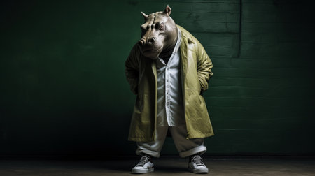 the photo features an adult with a large horse head, striking a hip-hop style pose with crossed legs. the image is reminiscent of the works of artists such as john wilhelm, tiago hoisel, and grant morrison. the dark, white, and green color scheme adds a touch of wildlife photography to the overall aesthetic. the sharp and prickly details of the horse head make for aの素材