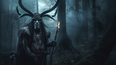 the male neo god in horns stands tall in the woods, gripping his sword with a fierce determination. the soft atmospheric perspective adds an eerie quality to the nightmarish imagery, while the idealized native americans lend a sense of mysticism to the scene. the low resolution and halloween theme give the photo a spooky feel, while the vray tracing adds depth and texture. this nationalの素材