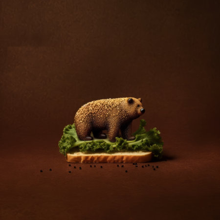 the bear sculpture is captured in a minimalist image, sitting on a loaf of bread with a backdrop of green berries. the hyper-realistic sculpture is reminiscent of a national geographic photo, with a pastoral scene that is both calming and intriguing. the konica big mini camera used to capture the image adds a touch of vintage charm. the color palette of dark beige and darkの素材