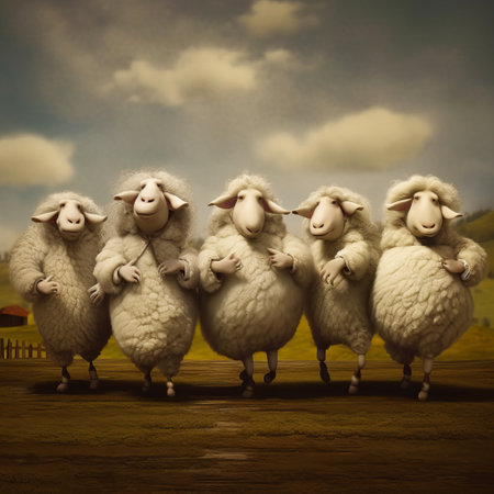 a pack of sheep is captured in a surrealistic pose, walking in a comical choreography on a farm. the uhd image emphasizes emotion over realism, showcasing the soft sculpture of the sheep and their lively movement portrayal. this photograph is a perfect example of the group f64 style, which emphasizes sharp focus and clarity in photography. the image is sure to catch the eye ofの素材