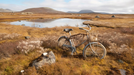 a vintage bicycle stands alone in the vast expanse of a serene prairie, surrounded by tranquil rivers and shimmering lakes. the bicycle boasts a 20th-century scandinavian style, with a light brown and silver color scheme that perfectly complements the scottish landscapes in the background. the image is captured using a rollei prego 90 and a hasselblad 1600f, resulting in a realistic yet romantic depiction ofの素材