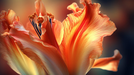 the photorealistic details of greg olsen's flower artwork are showcased in this stunning uhd image. the orange and beige background adds a pop of color, while the surrealistic flow of the petals creates a flamboyant and captivating effect. you won't believe how beautiful this flower looks in person. ai generatedの素材