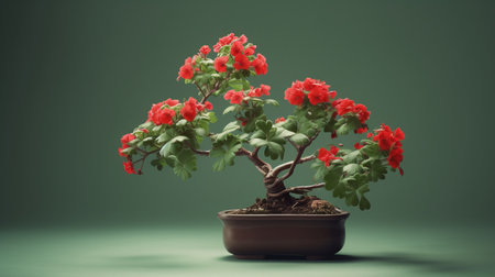 an exquisite orange and red ficus plant with branches is captured in this stunning photograph. the plant stands out against a lush green background, showcasing its vibrant red leaves. the image is digitally manipulated in the style of the yuan dynasty and features softbox lighting, creating a beautiful contrast between light and shadow. the photograph is a true work of art, reminiscent of miniature sculpturesの素材