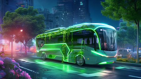 the eco-kinetic bus of the future is a sight to behold, with neon lights illuminating its sides as it glides down the street. the bus is designed in a style reminiscent of energy-filled illustrations, with vines winding around its sleek frame. it's a vision straight out of a sci-fi movie, brought to life by the likes of stephen shortridge, magali villeneuve, and other master illustrators.の素材