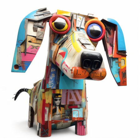 this hyper-realistic sculpture features an eye-catching orange dog with paws made of colorful pieces of paper. the unique style of graffitied assemblage and citypunk is evident in the use of cardboard and digital print to create a sculptural expression. this piece is a prime example of the new british sculpture movement, showcasing the artist's ability to merge various materials and techniques to create a visuallyの素材