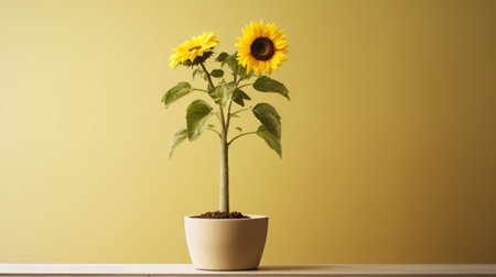 sunflowers arranged on a table with yellow paint make for a stunning still life photograph. the image is rendered in the style of octane render, with minimal retouching and the use of earth tones. the quirky characters and objects in the frame add a touch of whimsy to the composition. softbox lighting creates a warm and inviting atmosphere, while the strong use of contrast addsの素材