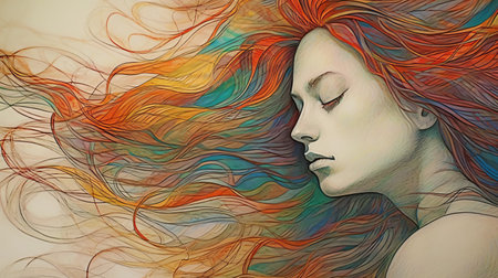 the photo features a woman with long, colorful hair and distinct facial features. the style of the art is characterized by fluid and flowing lines, giving it a dreamlike and transcendental quality. the color palette includes light teal and orange, adding to the romantic and ethereal feel of the piece. the airbrush art technique used creates finely textured brushwork, resulting in colorful curves that addの素材