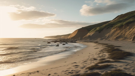 sunset on the beach with a cliff is a breathtaking view captured in the style of fujifilm pro 400h. the photo showcases the beauty of english countryside scenes with muted earth tones and a touch of california plein air. the carl zeiss distagon t 15mm f28 ze lens adds depth and clarity to the landscape inspirations. the photo was taken with provia, highlighting the naturalの素材