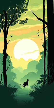 the woman in this cartoon illustration is taking a peaceful stroll through the forest at sunset. the exotic landscape is depicted in a style reminiscent of hayao miyazaki's work, with light green and dark black hues dominating the scene. the use of dark yellow and dark green adds depth and contrast to the image. the bird art is clear and precise, adding to the overallの素材