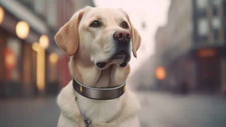 the dog, adorned with a collar, poses confidently in the middle of a deserted city street. the image is rendered in cinema4d, giving it a smooth and shiny appearance. the soft-focus portrait highlights the dog's features, while the light yellow and silver hues add a touch of elegance. the liquid metal texture creates a precise and lifelike effect, making the image stand out. this uhdの素材