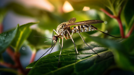mosquitoes can be a serious problem in tropical regions. this photo captures the essence of this issue with its vibrant use of light and shadow, delicate modeling, and striped pattern. the light gold and green hues of the image, captured with the sony fe 12-24mm f28 gm lens, create a sense of warmth and urgency. the light brown and silver tones add depth and textureの素材