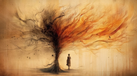 this stunning painting depicts an orange tree in all its glory, with a person standing in front of it. the ethereal style of the illustration adds a dreamlike quality to the image, while the sepia tone and swirling vortexes give it a sense of mystery and intrigue. the use of pencil art illustrations and flowing silhouettes adds to the overall beauty of the piece. thisの素材
