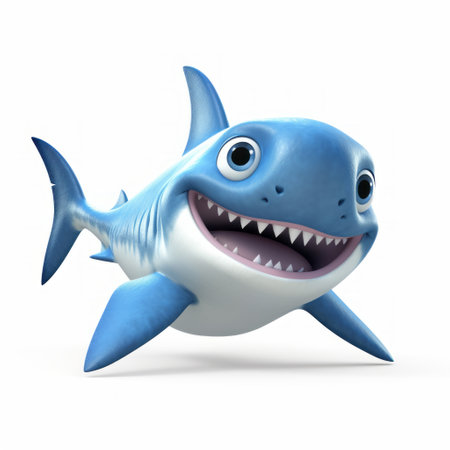 the cartoon shark in this photo is captured with a depth of field effect, making it stand out against the light blue and white background. its shiny eyes and cartoonish figure give it a playful appearance, especially as it smiles while eating food. the use of jump cuts adds to the dynamic feel of the image. despite its cartoonish style, the shark is depicted withの素材