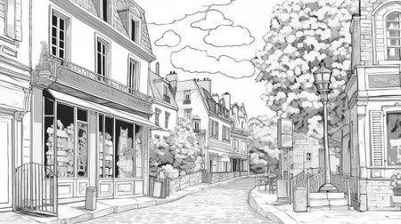 this whimsical manga-style drawing depicts a charming street scene complete with streetlights and buildings. the artist has skillfully captured the essence of paris with vignettes of the city, while also incorporating elements of the french countryside. the use of ambient occlusion adds depth and dimension to the image, while the detailed character illustrations bring the scene to life. this drawing is a beautiful example ofの素材
