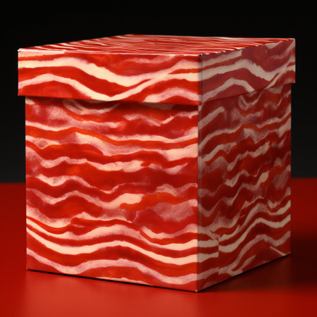 bacon lovers rejoice! this bacon wrapped gift box is a feast for the eyes. the white bacon inside is beautifully presented in a style that blends chromaticism, redshift, and photorealistic detailing. the multi-layered figures add depth and texture, while the post-painterly technique creates a modern and edgy look. the stimwave design is sure to catch the eye, and the cranberrycore color scheme adds a popの素材
