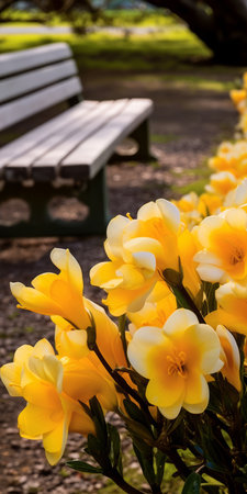 the yellow flowers in front of the wooden bench create a stunning and romantic scenery. captured with the tokina opera 50mm f14 ff lens, the uhd image showcases vibrant color gradients and a luminous color palette. the light white and light orange hues complement the flowers perfectly, creating a beautiful contrast. this photo is reminiscent of the works of hyacinthe rigaud and is sure toの素材