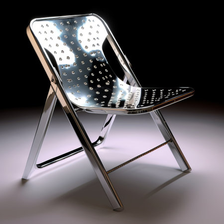 the modern chair boasts a shiny metallic surface that exudes a futuristic vibe. its design draws inspiration from luminous pointillism, radical inventions, and x-ray film, resulting in a dotted pattern that catches the eye. the chair's engineering construction and design make it a sturdy and reliable piece of furniture. its aesthetic is reminiscent of the solarpunk movement, which emphasizes sustainability and eco-friendliness. the chair's highの素材