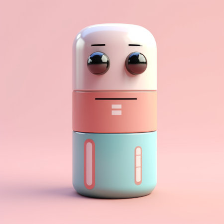 this photo features a small, playful blob in blue and pink with eyes resembling those of an anime robot. the style of the image is vray, with a minimalist approach reminiscent of charles spencelayh's work. the functional aesthetics of the piece are enhanced by the use of lomo, which creates a light pink and light orange color scheme. the strong facial expression of the blobの素材