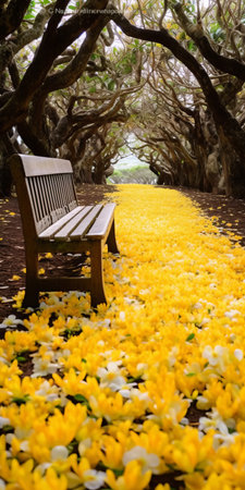 the ground is covered with yellow tree leaves, creating a whimsical floral scene that exudes a dream-like atmosphere. this national geographic photo captures the essence of the san francisco renaissance, with a realistic yet romantic depiction of nature. the serene and peaceful ambiance is reminiscent of the works of abbott fuller graves, adding to the overall beauty of the image. ai generatedの素材