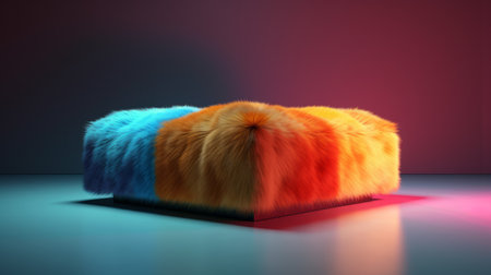 furry stool with colorful lights on the side, rendered in cinema4d with hyperrealistic texture-rich canvases and vivid color blocks. the stool is inspired by the works of doug hyde and features a flat surface with an 8k resolution. the stool is perfect for adding a pop of color and texture to any room, while the lights on the side provide a unique and playful touch.の素材