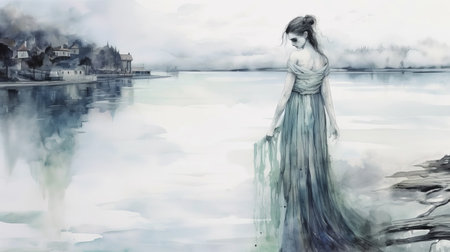 the painting depicts a woman standing beside a serene body of water, painted in the ethereal watercolor style. the gothic references in the artwork are evident in the use of gray and emerald tones, creating a romantic and melancholic atmosphere. the woman's pensive stillness adds to the overall mood of the painting. the artwork is a beautiful example of romantic illustrations and is reminiscent ofの素材