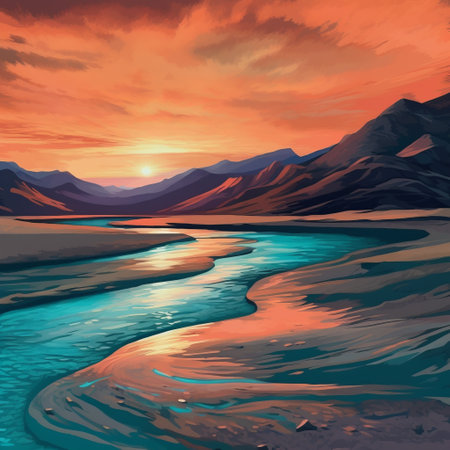 the photo showcases a breathtaking valley with a blue mountain river in the background, reminiscent of tonalist paintings. the realistic hyper-detailed rendering of the scene is truly captivating, with a color palette that includes red and cyan, turquoise and amber. the photo is a beautiful example of a romantic illustration, created by the talented artists scarlett hooft graafland and patrick brown. the stunning landscape andの素材