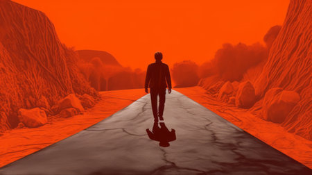 the photo depicts an old man walking through a desert with a red sky, in the style of graphic design poster art. the color scheme is dark orange and orange, inspired by film noir. the image is rendered in cinema4d, giving it a nonrepresentational, fantastical feel. the street in the background is minimalist and monochromatic, adding to the overall mood of the piece. the portraitの素材