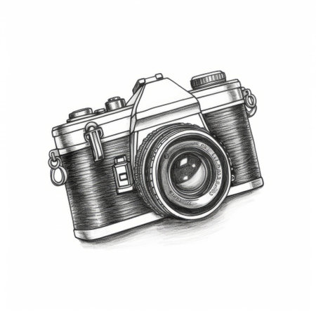 this vintage retro camera hand-drawn sketch is a stunning piece of art that captures the essence of vintage photography. the sketch is created in the style of contoured shading, which gives it a realistic and detailed rendering. the tilt-shift lenses, contour line, and detailed shading add to the realistic impression of the sketch. the vintage camera is an icon of portraiture iconography and is perfectの素材