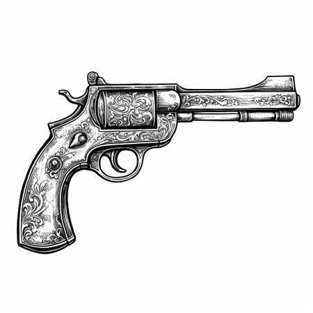 the vintage revolver showcased in this photo boasts a stunningly detailed pattern that is reminiscent of the meticulous linework precision found in liam sharp's artwork. the realistic yet stylized design is captured beautifully against a clean white background, drawing the viewer's eye to the intricate details of the firearm. this stunning piece of art is reminiscent of the work of thomas eakins, flickr, banksy, andの素材