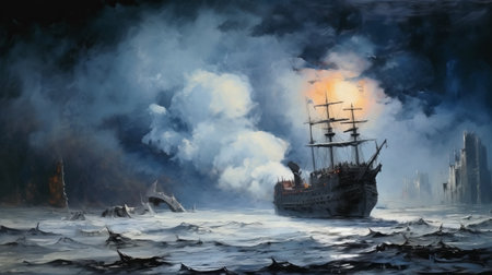this photo depicts the golden age of pirates on the seven seas, captured in the style of monochromatic paintings. the gloomy and atmospheric art is reminiscent of soviet nonconformist art, with a dark sky-blue and dark white color scheme. the airbrush technique used adds depth and texture to the painting, creating a dragoncore feel. this piece is a stunning representation of the pirate era, withの素材