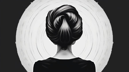 the woman's head in this black and white image is depicted in a classic japanese simplicity style, with swirling vortexes adding a dark and ominous touch. the speedpainting technique used gives the illustration a bold yet graceful appearance, perfect for editorial illustrations in the fashion industry. keywords: black and white, woman's head, circular, fashion-illustration, speedpainting, classic japanese simplicity, dark and ominous, editorial illustrations, swirling vortexes,の素材